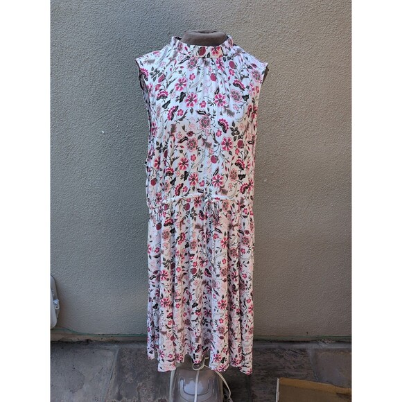 Torrid Midi Dress 3 3X Sleeveless Waist Tie Elastic Neck Pink White Floral - Picture 3 of 11